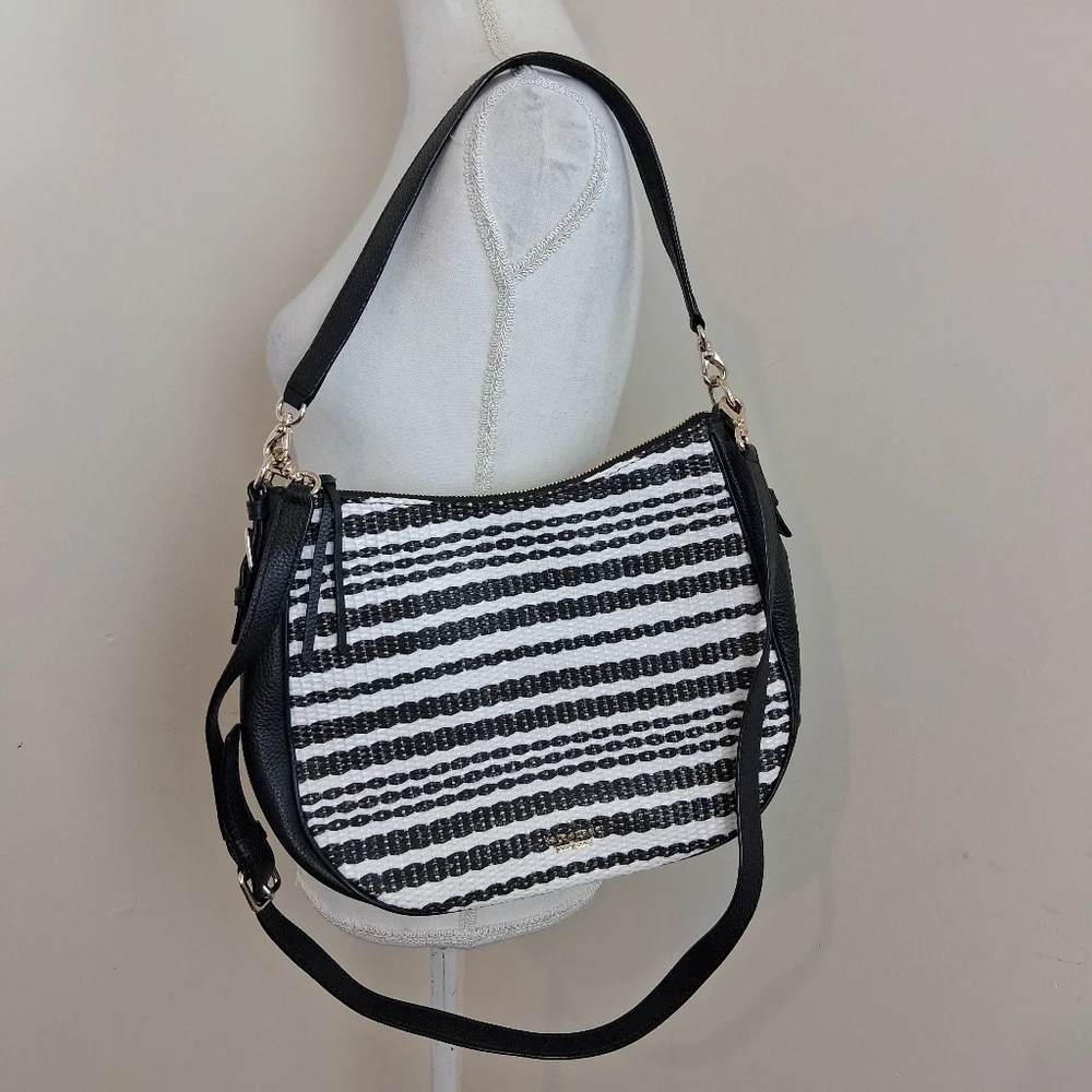 Kate Spade Large Cobble Hill Black Mylie Straw Raffia Hobo Bag NWOT